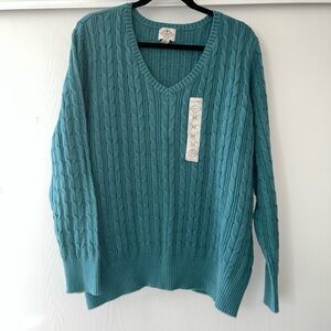 St.John’s Bay Classic Cable Women’s V-Neck Pull Over Sz 2XL Aqua Blue/Tiel NWT